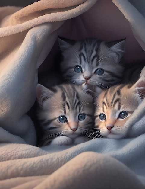 Entzückende Kätzchen, gekuschelt in einer gemütlichen Decke Fort