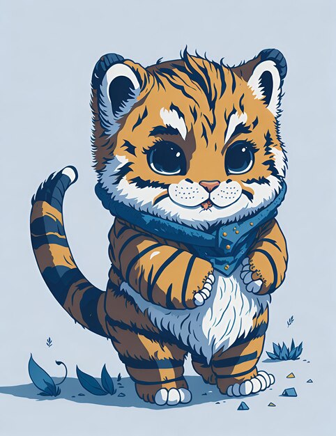 Entzückende, süße, flauschige Tigerbaby-Figur, aufgewärmt in Winterkleidung. Digitale Kunst