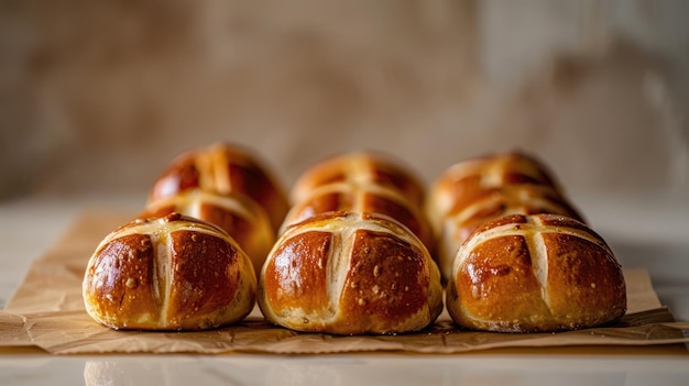 entzückende Textur von heißen Kreuzbrötchen auf einem Holztisch