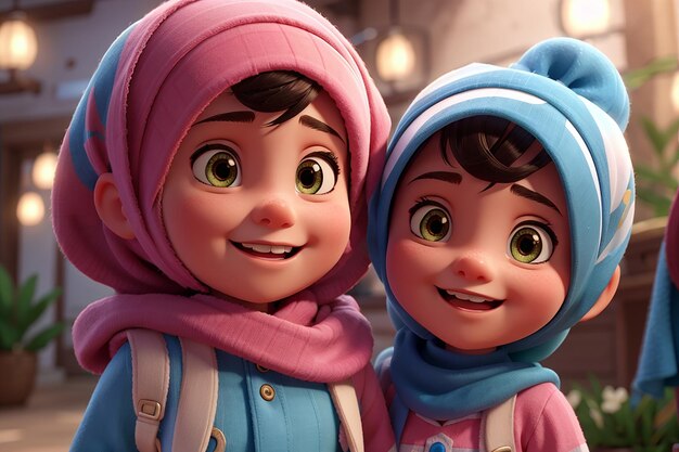 entzückende und niedliche muslimische Kinder Zeichentrickfigur 3D-Rendering