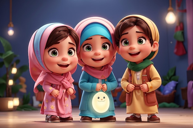 Foto entzückende und niedliche muslimische kinder zeichentrickfigur 3d-rendering