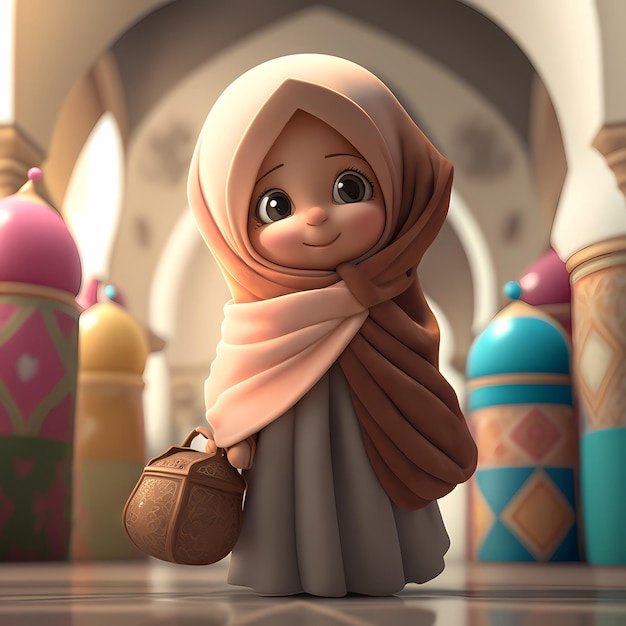 Entzückende und süße muslimische Kinder Zeichentrickfigur 3D-Rendering