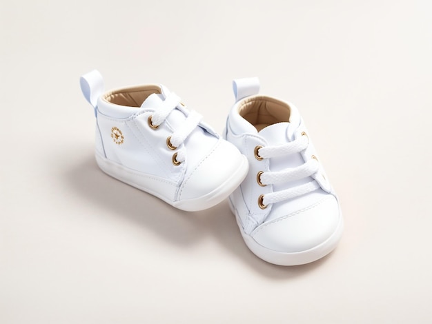 Foto entzückende weiße mini-sneaker-schuhe für die stilvolle baby-flatlay-präsentation