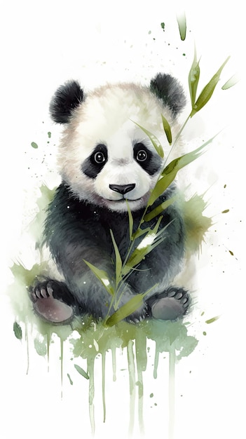 Entzückender Aquarell-Baby-Panda, der Bambus auf weißem Hintergrund isst