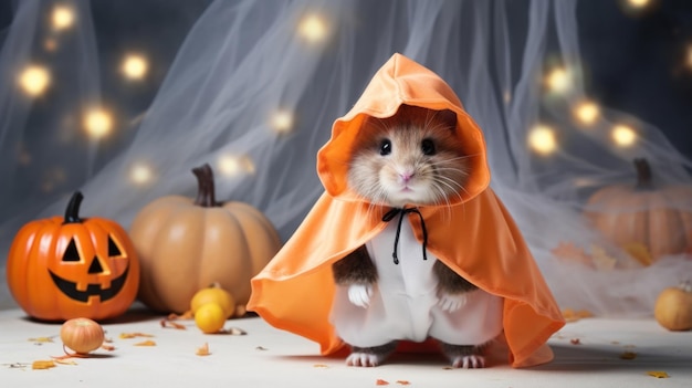 Foto entzückender baby-hamster im halloween-kostüm. ki-generiert. ki-generiert