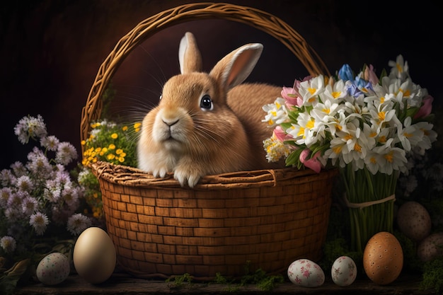 Entzückender brauner Osterhase in einem Korb mit Eiern und Blumen