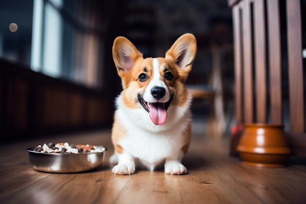 Entzückender Corgi, der aus seiner Schüssel isst