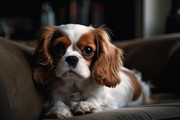 Entzückender entzückender unbekümmerter Spanielwelpe, der auf einer Couch stillsteht