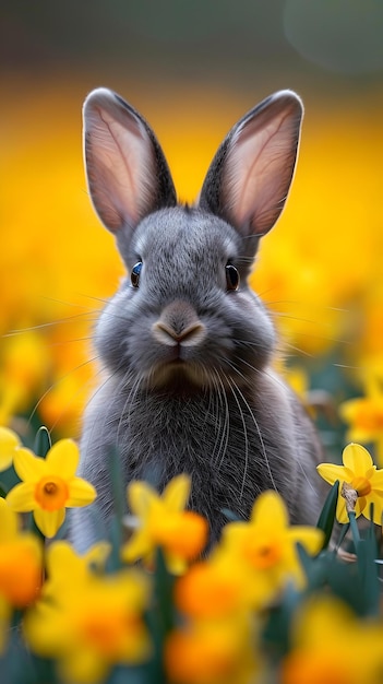 Entzückender grauer Hase inmitten leuchtend gelber Blumen im Frühling, ein perfektes Porträt der Tierwelt mit Charme AI