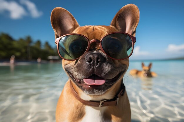 Entzückender Hund der französischen Bulldogge mit Sonnenbrille am Strand. Haustierkonzept der besten Freunde