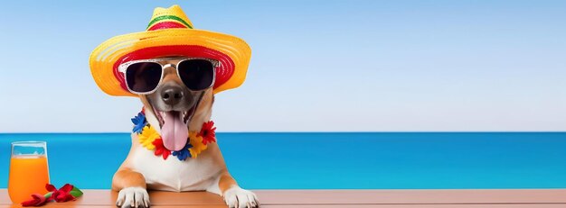 Entzückender Hund mit mexikanischem Hut und Sonnenbrille am Strand Cinco De Mayo