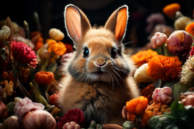 Entzückender kleiner Hase mit bunten Eiern im Garten im Freien Frohe Ostern