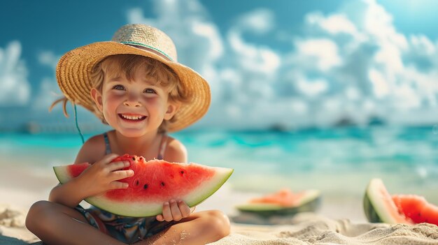 Entzückender kleiner Junge am Sandstrand, der im Sommerraum exquisite Wassermelone isst. Generative KI