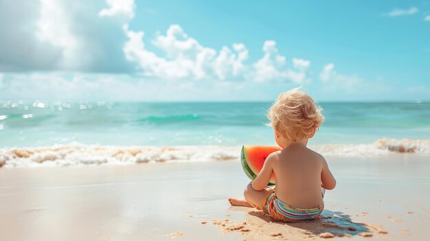 Entzückender kleiner Junge am Sandstrand, der im Sommerraum exquisite Wassermelone isst. Generative KI