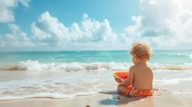 Entzückender kleiner Junge am Sandstrand, der im Sommerraum exquisite Wassermelone isst. Generative KI