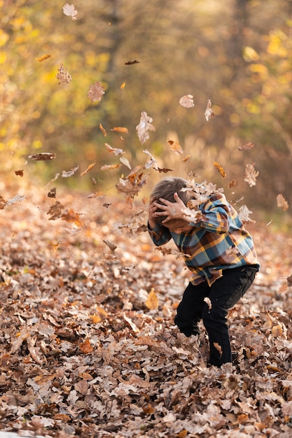 Entzückender kleiner Junge, der mit gelben Blättern im sonnigen Herbstpark plaing