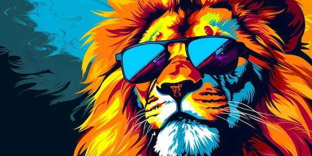entzückender Löwe mit Sonnenbrille auf einem lebendigen Pop-Art-Hintergrund Generative KI