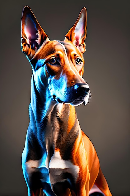 Entzückender Pharaonenhund auf dunklem Hintergrund. Niedliches Hundeporträt. Digitale Kunst