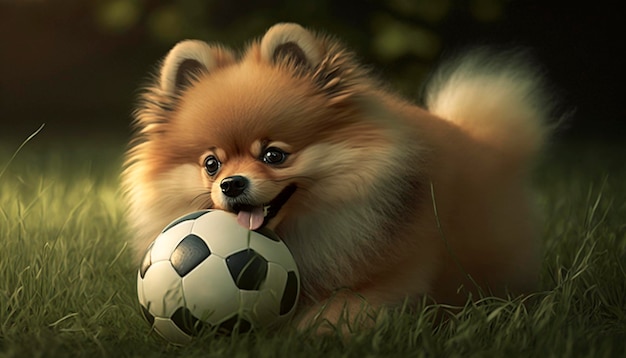 Entzückender pommerscher Hund, der Spaß beim Fußballspielen auf einer grünen Wiese hat