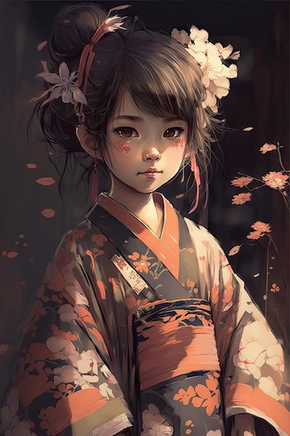 Entzückendes Anime-Mädchen, das traditionellen Kimono trägt