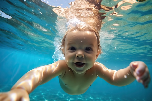 Entzückendes Baby, das unter Wasser schwimmt, tauchendes Kleinkind