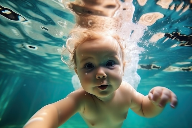 Entzückendes Baby, das unter Wasser schwimmt, tauchendes Kleinkind