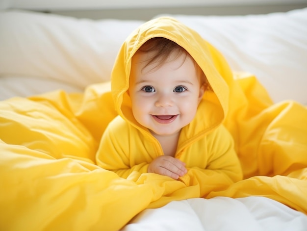 Entzückendes Baby mit farbenfroher Kleidung in verspielter Pose