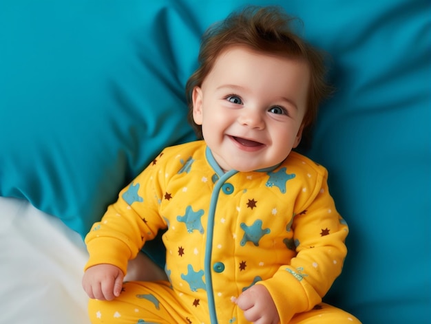 Entzückendes Baby mit farbenfroher Kleidung in verspielter Pose