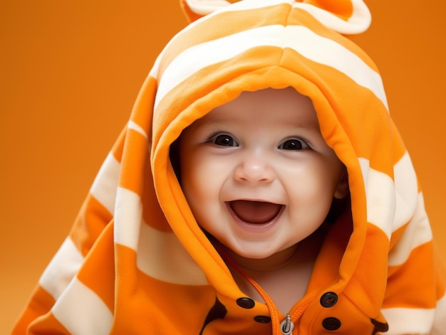 Entzückendes Baby mit farbenfroher Kleidung in verspielter Pose