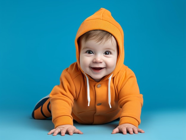 Entzückendes Baby mit farbenfroher Kleidung in verspielter Pose