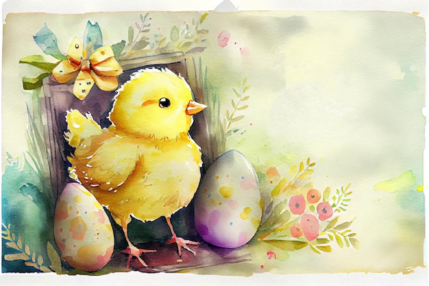 Entzückendes gelbes Huhn und bunte Ostereier auf einem Frühlingshintergrund mit Blumen und Gras