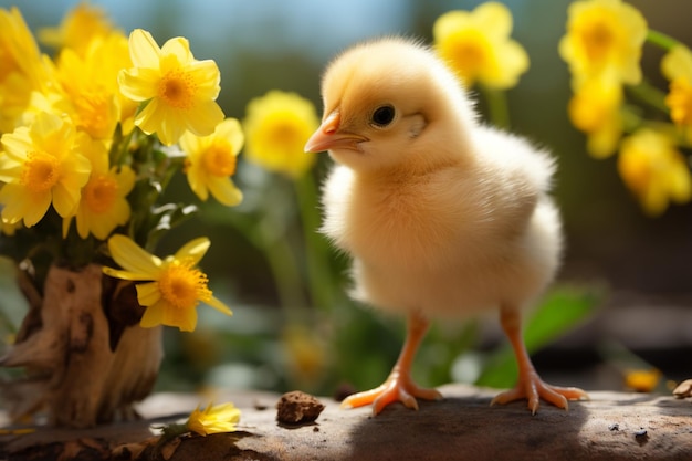 Entzückendes gelbes Küken in verspielter Pose an einem sonnigen, blumigen Frühlingstag