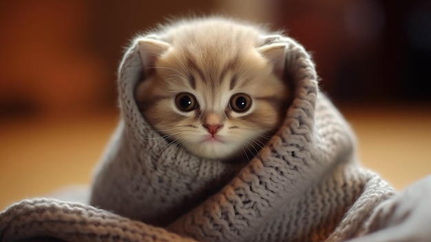 Entzückendes Kätzchen, das es sich in einem winzigen Pullover gemütlich macht
