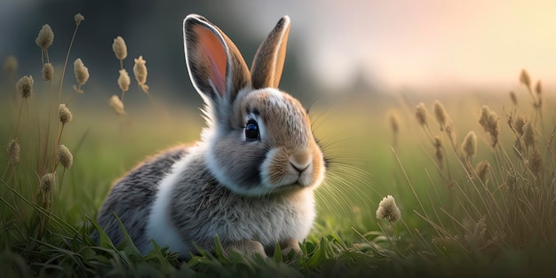 Entzückendes Kaninchen, das in den Frühlings-Gras-Feldern herumtollt AIGenerated