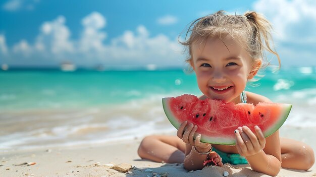 Entzückendes kleines Kind an einem Sandstrand, das im Sommerraum exquisite Wassermelone isst. Generative KI