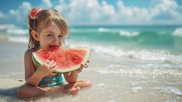 Entzückendes kleines Kind an einem Sandstrand, das im Sommerraum exquisite Wassermelone isst. Generative KI