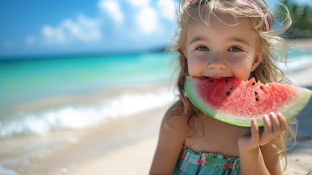 Entzückendes kleines Kind an einem Sandstrand, das im Sommerraum exquisite Wassermelone isst. Generative KI
