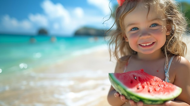 Entzückendes kleines Kind an einem Sandstrand, das im Sommerraum exquisite Wassermelone isst. Generative KI