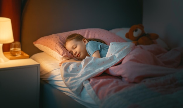 Entzückendes kleines Kind schläft im Bett.