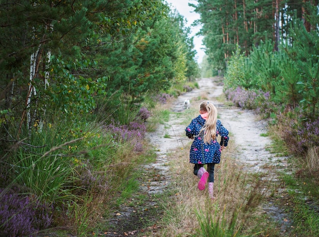 Entzückendes kleines Mädchen, das im Wald wandert