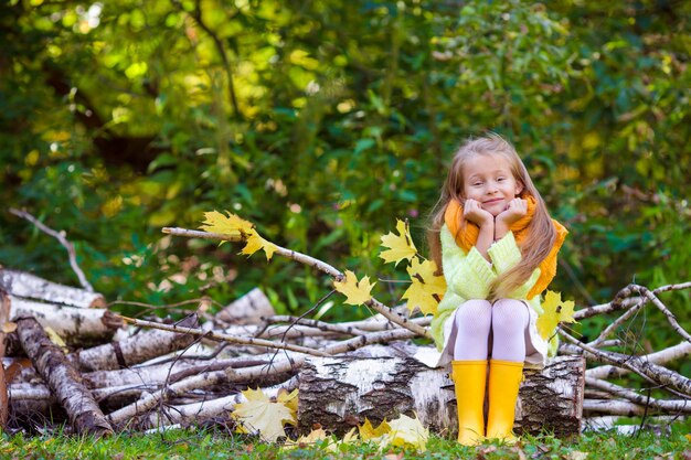 Entzückendes kleines Mädchen draußen am schönen Herbsttag