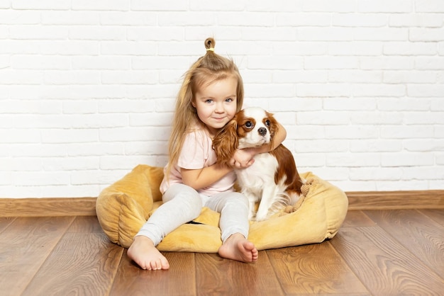 Entzückendes kleines Mädchen mit dem Welpen, der zu Hause spielt. Kind mit kleinem Hund drinnen. Das beste und freundlichste Haustier für Kinder und Familien, Liebe zum Haustier, Liebe zu Hunden, besondere Beziehung zum Haustier