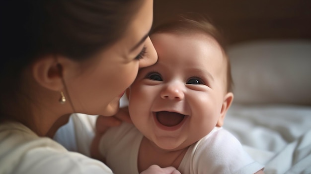 Entzückendes Kleinkind mit generativer KI, das freudig in seiner Mutter grinst