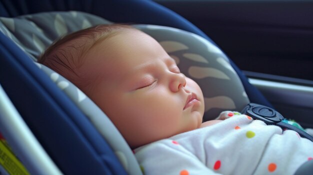 Foto entzückendes neugeborenes, das unter dem schutz des sicherheitsgurtschlosses auf einer fahrzeugfahrt ruht. generative ki