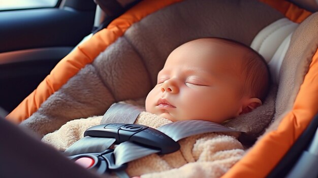 Entzückendes Neugeborenes, das unter dem Schutz des Sicherheitsgurtschlosses auf einer Fahrzeugfahrt ruht. Generative KI