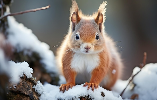 Entzückendes rotes Eichhörnchen vor dem Hintergrund eines winterlichen Waldes Konzept von Weihnachts- und Neujahrskarten