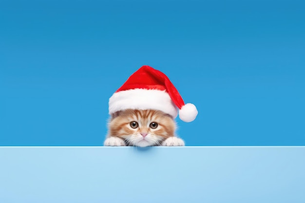 Entzückendes rotes, süßes, lustiges kleines Kätzchen mit Weihnachtsmannmütze, das isoliert in die Kamera blickt
