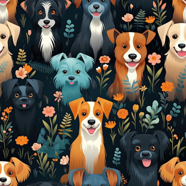 entzückendes, sich wiederholendes buntes Muster verschiedener süßer, liebenswerter Hunderassen mit Blumenfeldern