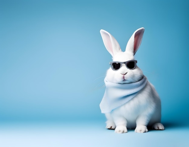Entzückendes weißes Kaninchen mit Brille und modischem Kleid