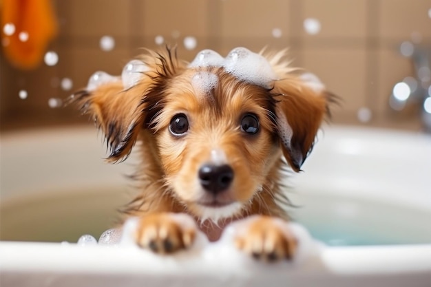 Entzückendes Welpenbaby in der Badewanne – glückliche Momente mit Shampoo Foam AI